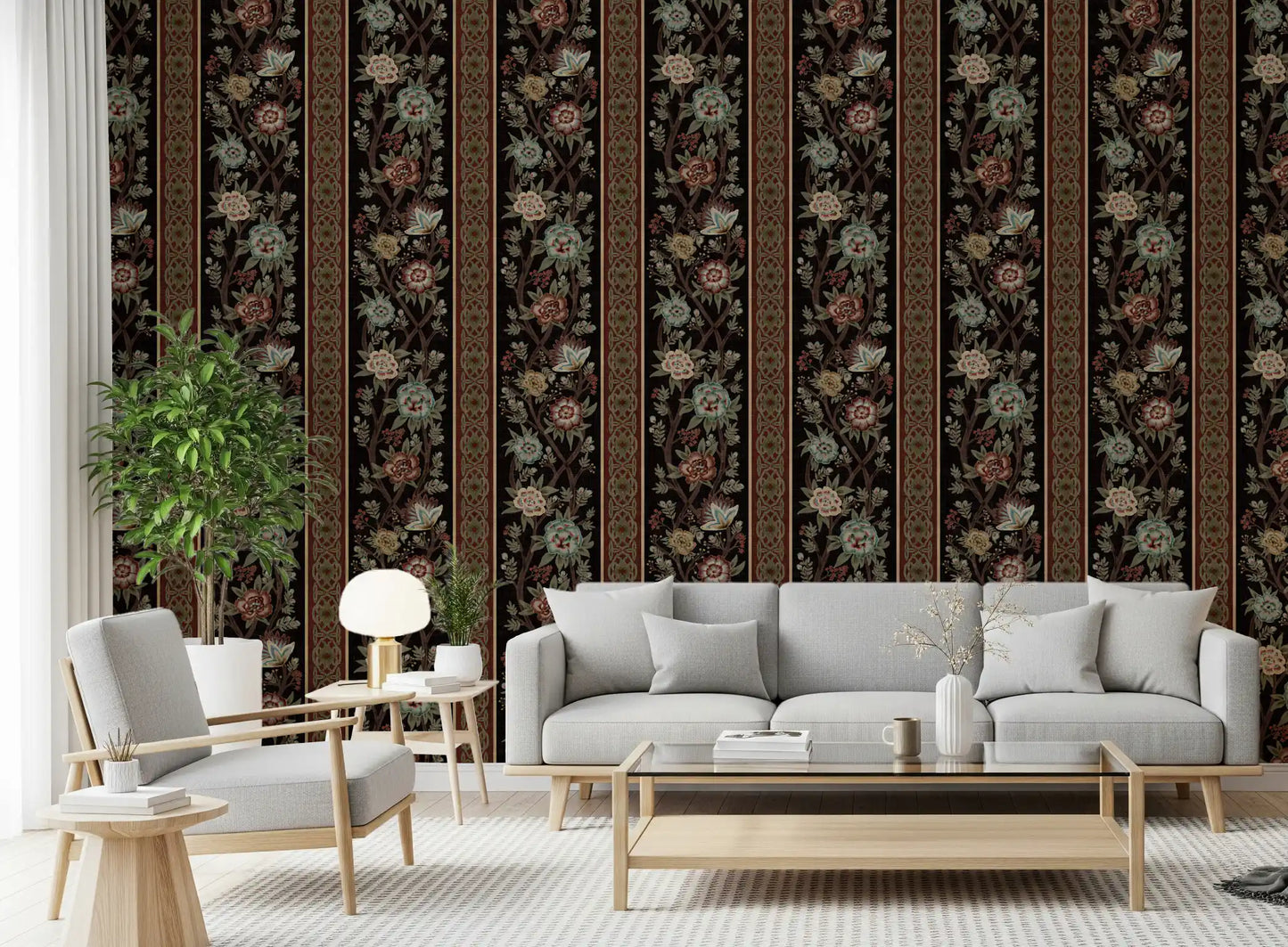 Trailing Chintz Vintage Heirloom Stripes Dark Wallpaper⁠