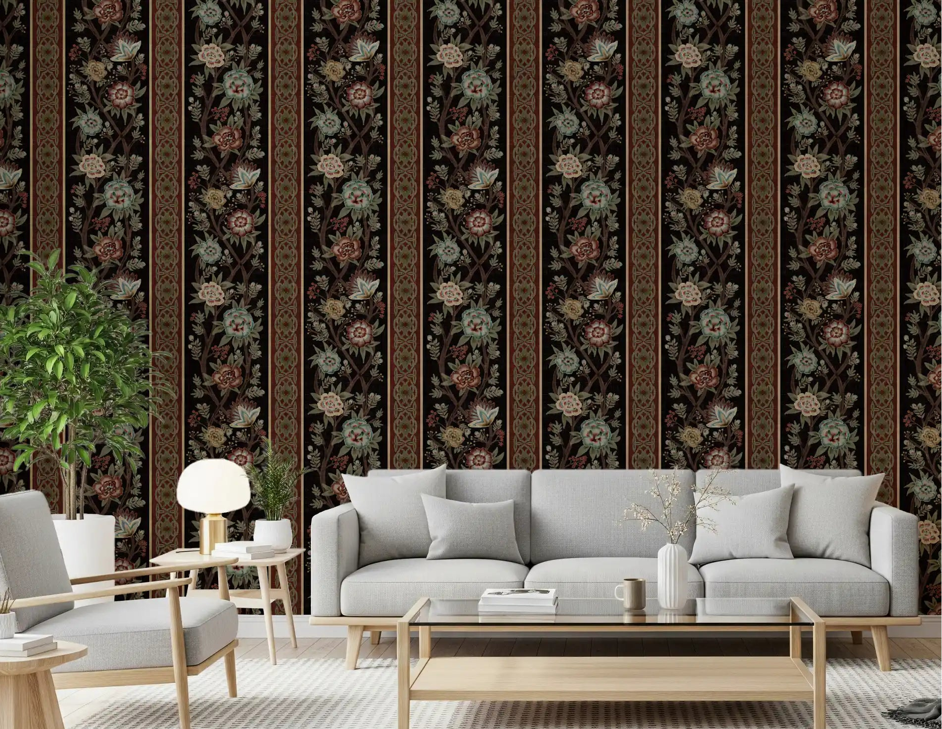 Dark chintz heirloom stripe wallpaper displayed in a living room setting., GD10608