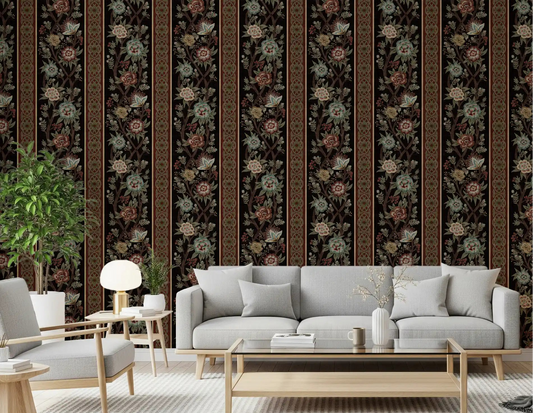 Dark chintz heirloom stripe wallpaper displayed in a living room setting.