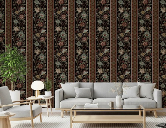 Dark chintz heirloom stripe wallpaper displayed in a living room setting., GD10608