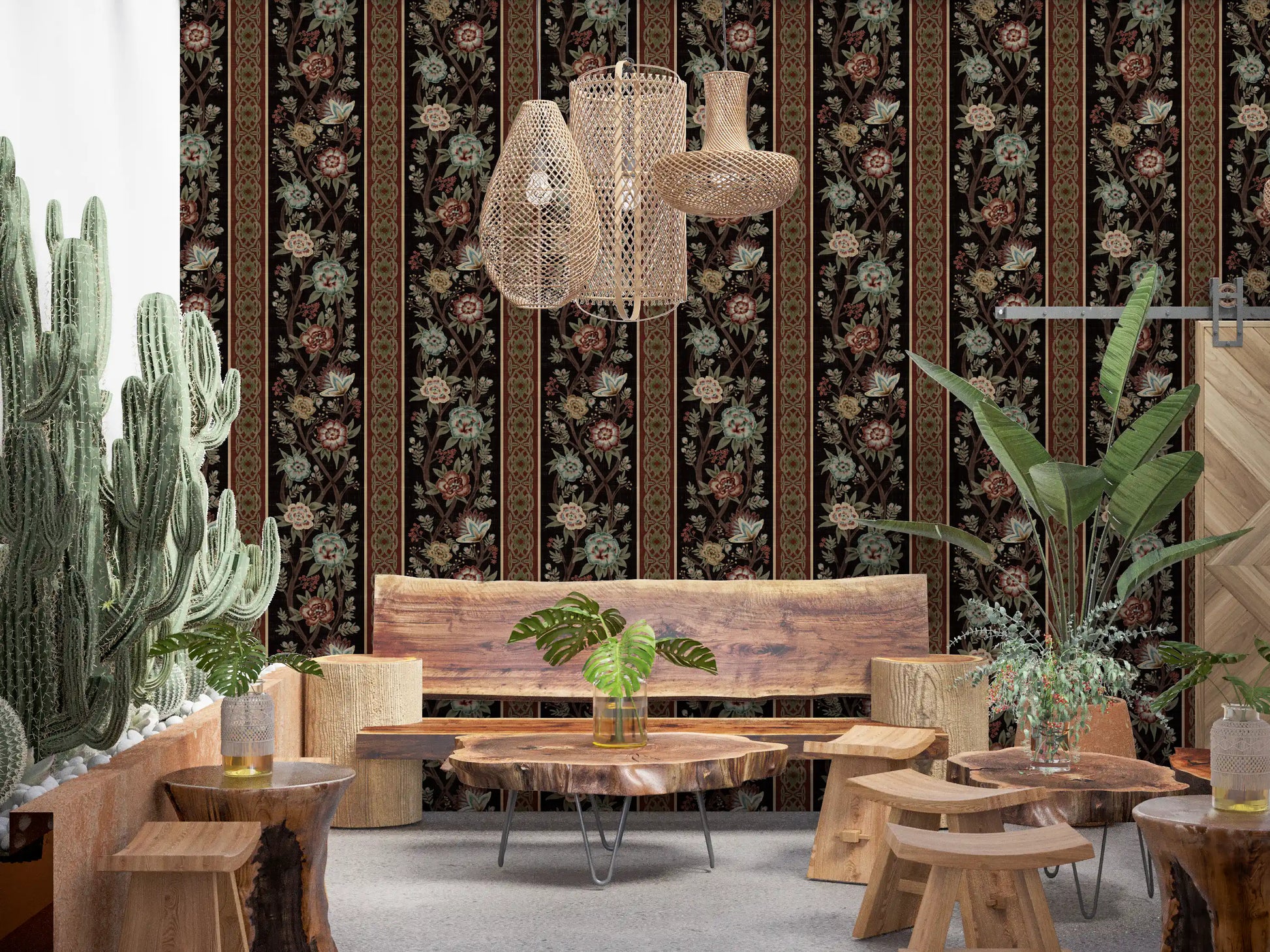 Trailing Chintz Vintage Heirloom Stripes Dark Wallpaper⁠