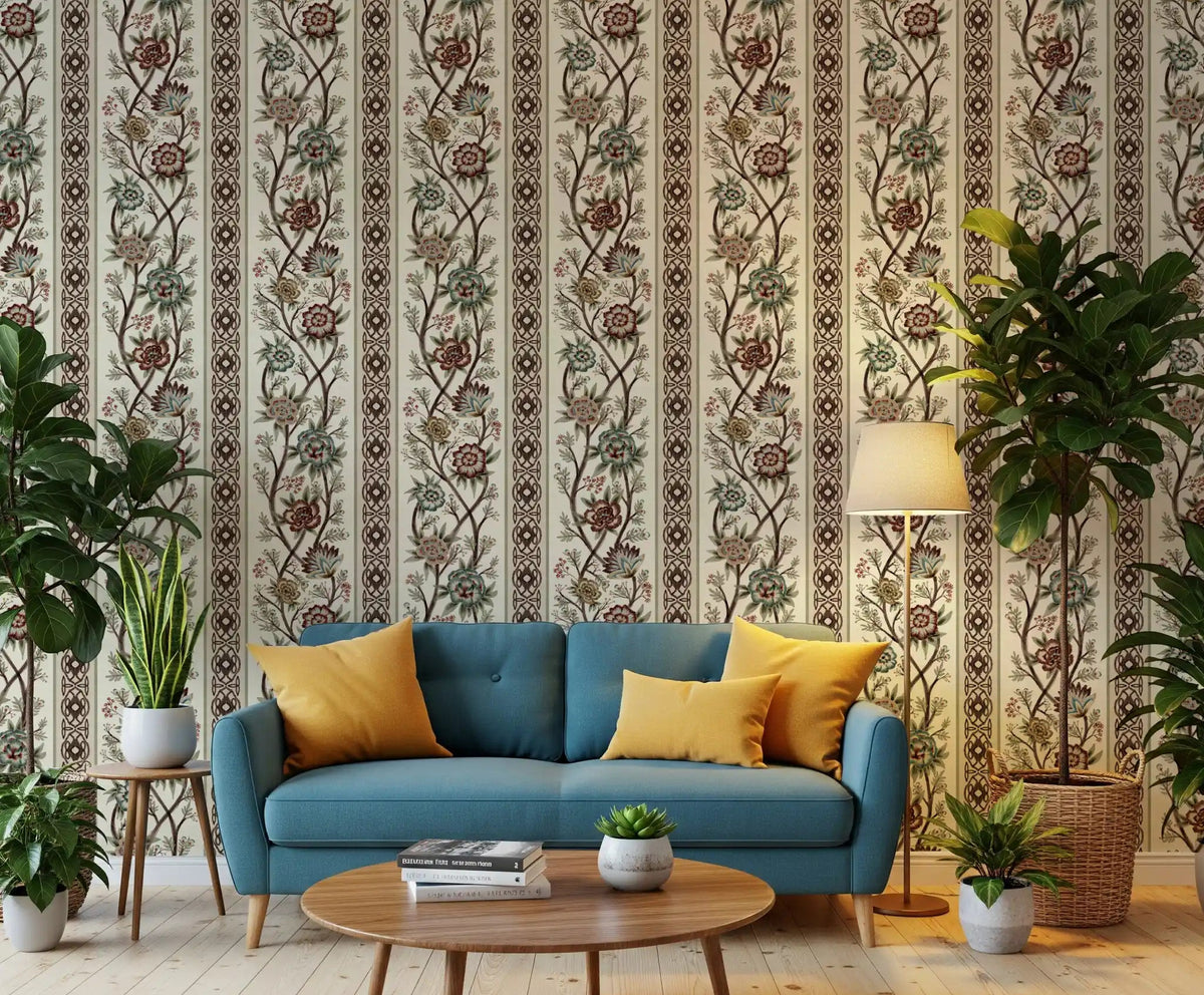 Bright chintz heirloom stripe wallpaper displayed in a hallway setting., GD10609