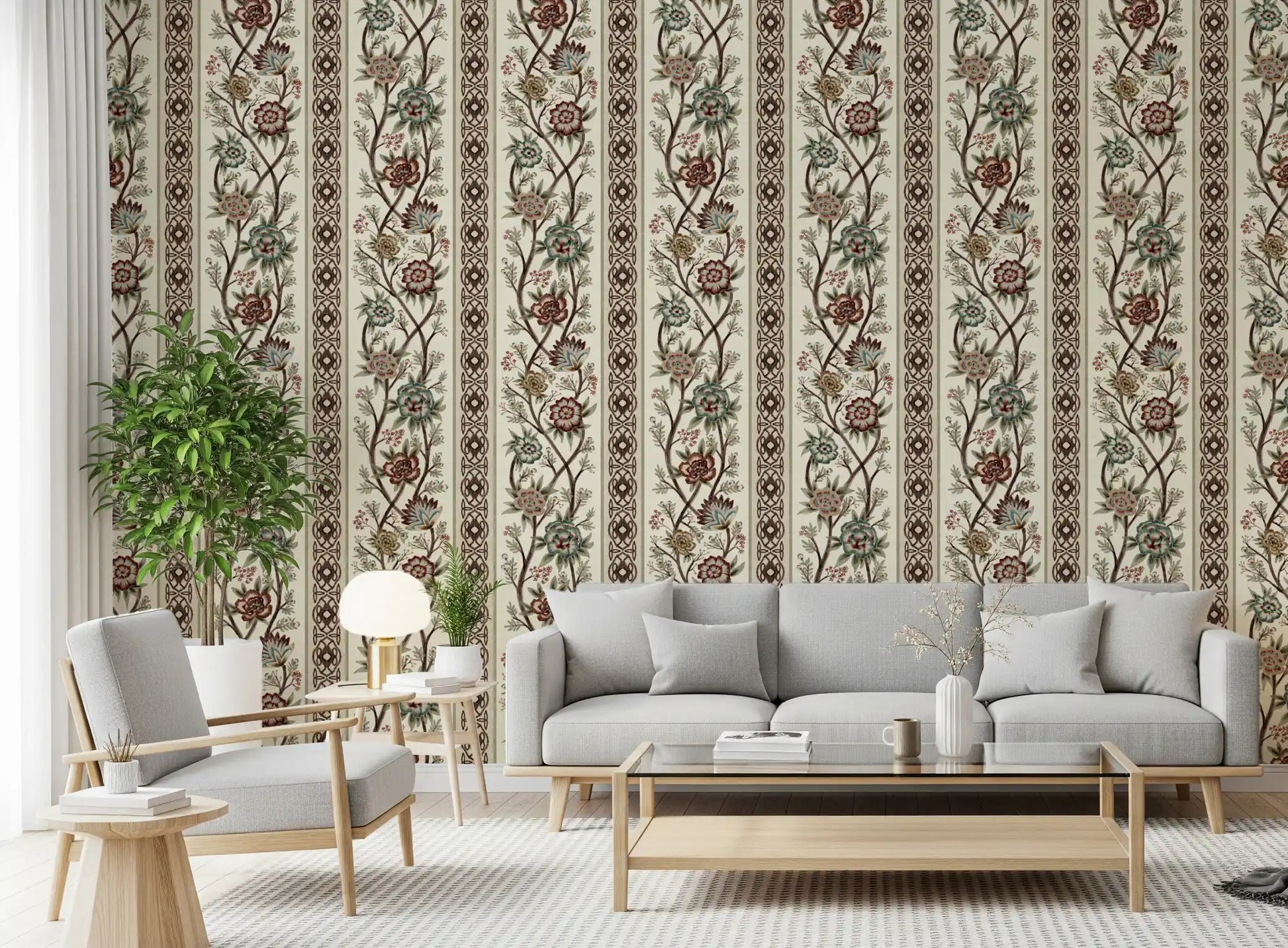 Trailing Chintz Vintage Heirloom Stripes Bright Wallpaper⁠