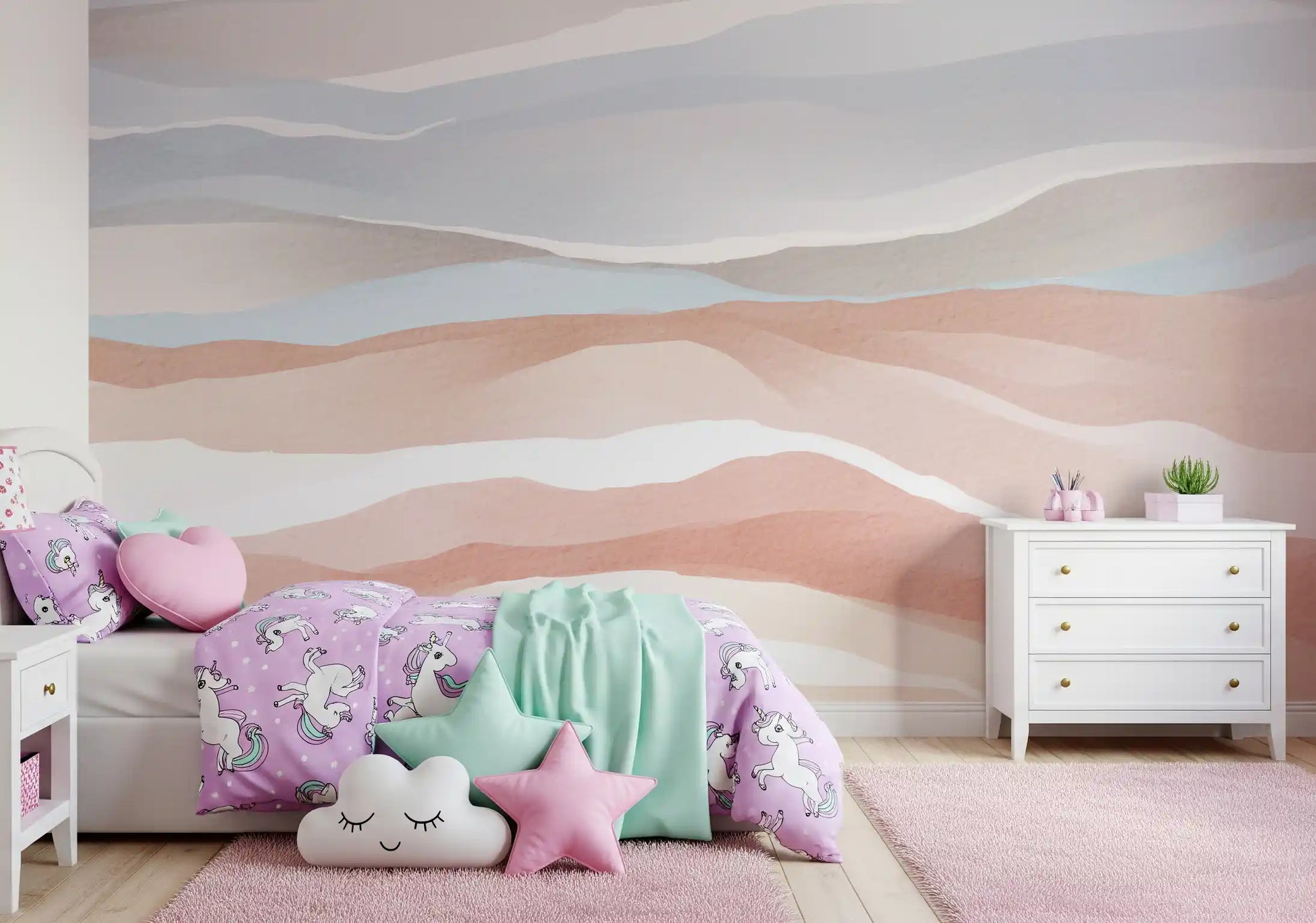 Terracotta and Pastel Blue Watercolor Dunes Wallpaper Wall Mural