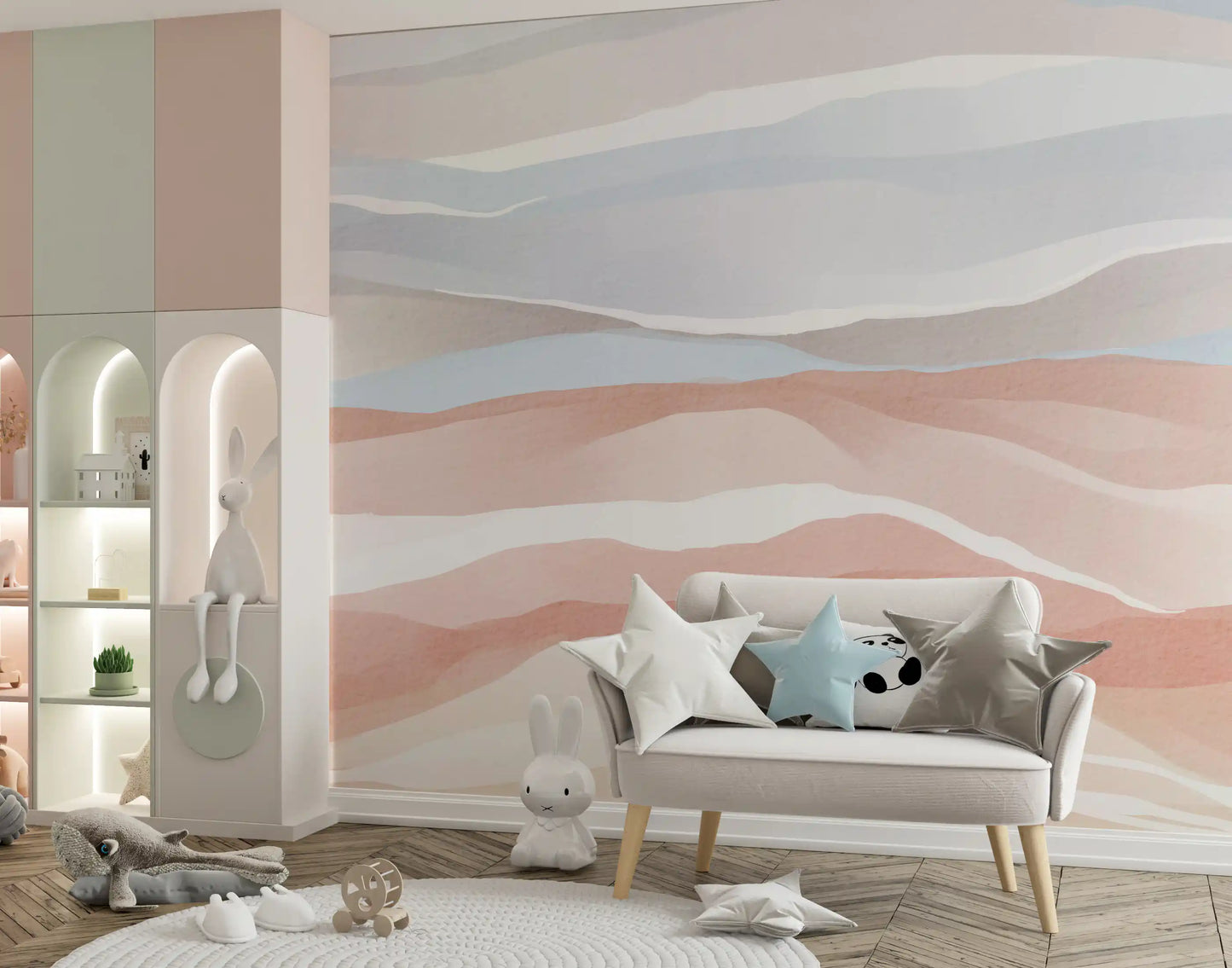 Terracotta and Pastel Blue Watercolor Dunes Wallpaper Wall Mural