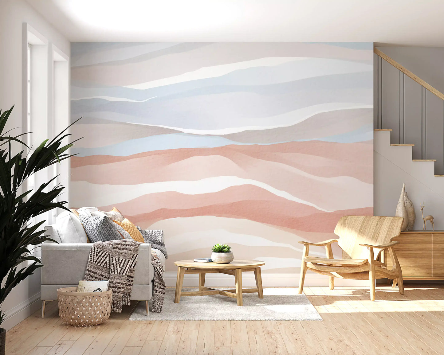 Terracotta and Pastel Blue Watercolor Dunes Wallpaper Wall Mural