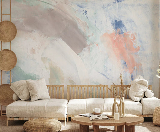 Light pastel brushstroke mural displayed in a living room space.