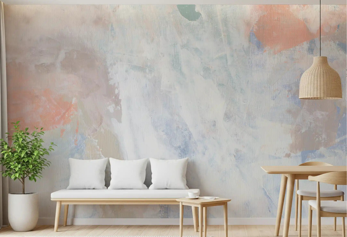 Soft serenade pastel wall mural with canvas texture in a dining room., GD10612