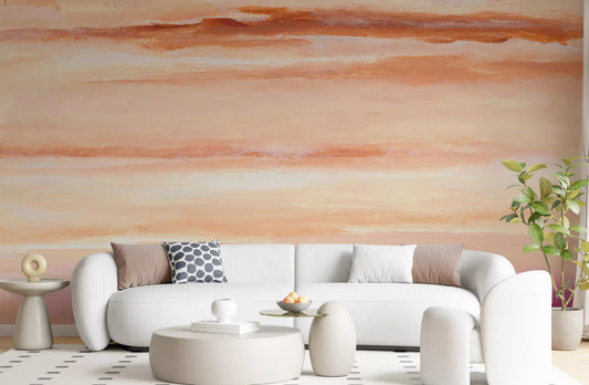 Terracotta and magenta brushstroke wall mural in a living room space.