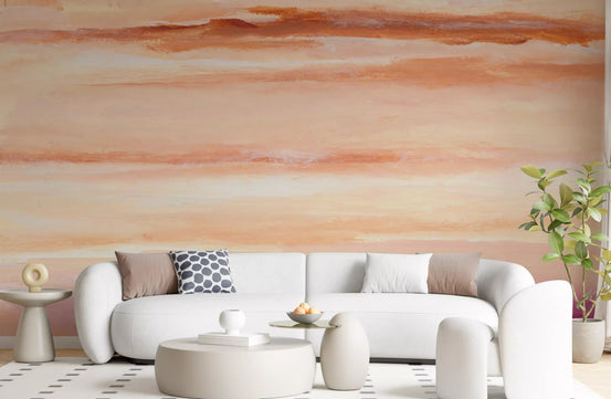 Terracotta and magenta brushstroke wall mural in a living room space., GD10613