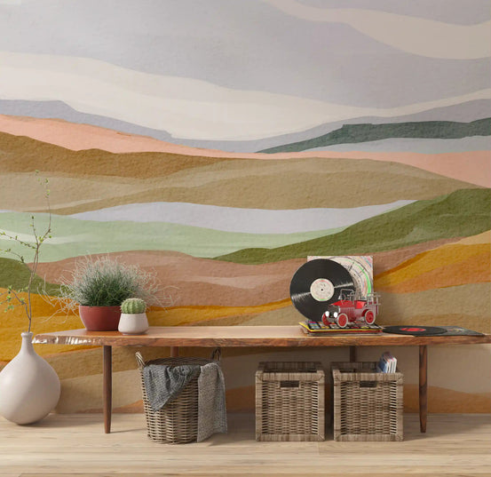Hallway wall mural showing painted hills in green gold and terracotta., GD10614