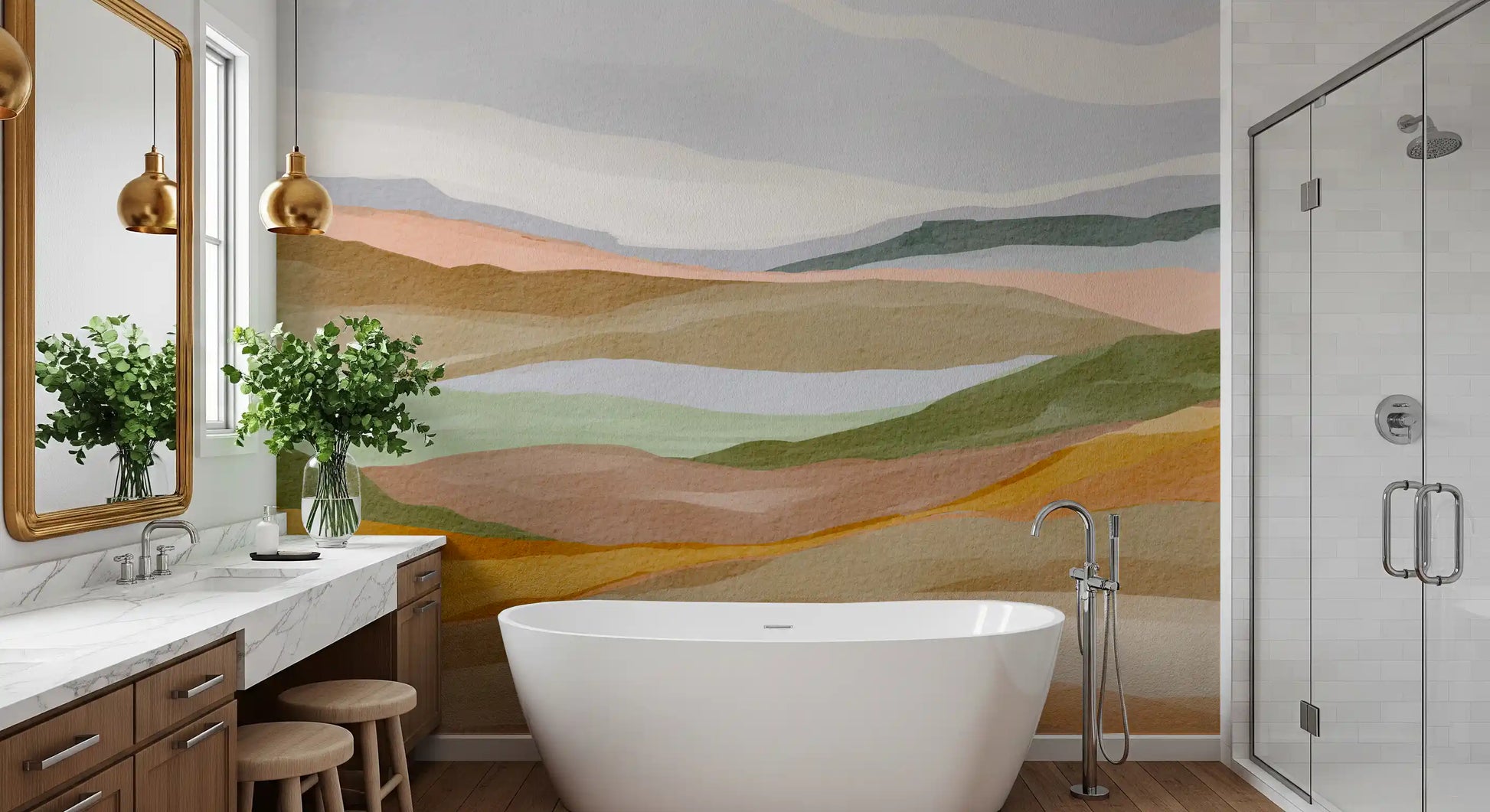 Serene Terracotta and Sage Painted Hills Wallpaper Wall Mural