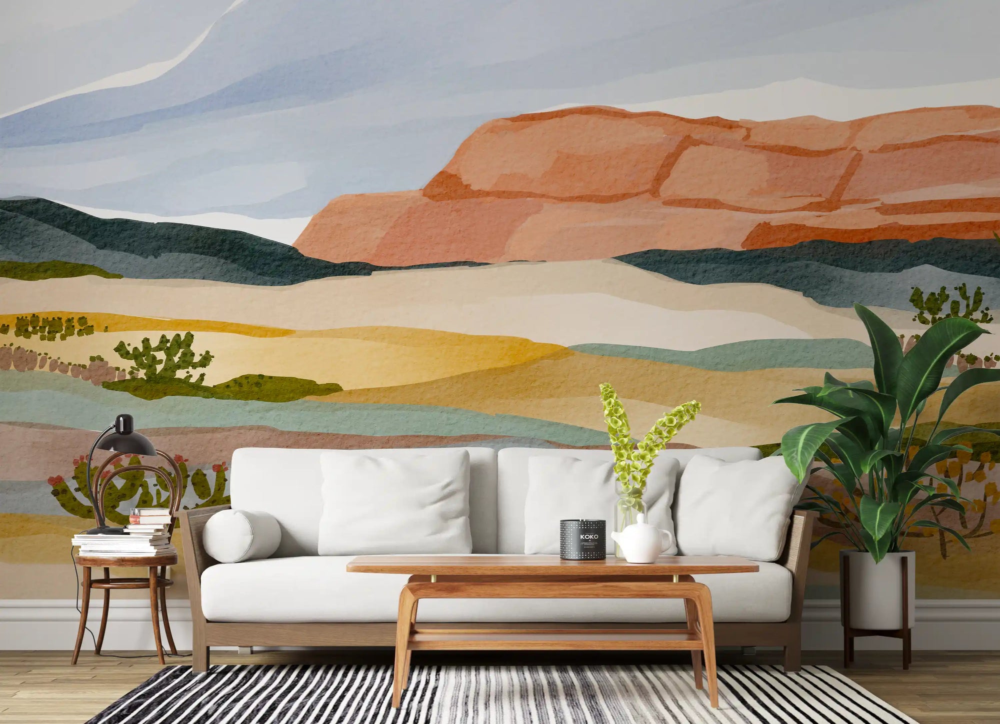 Desert landscape mural in living room with golden ochre and teal tones., GD10615