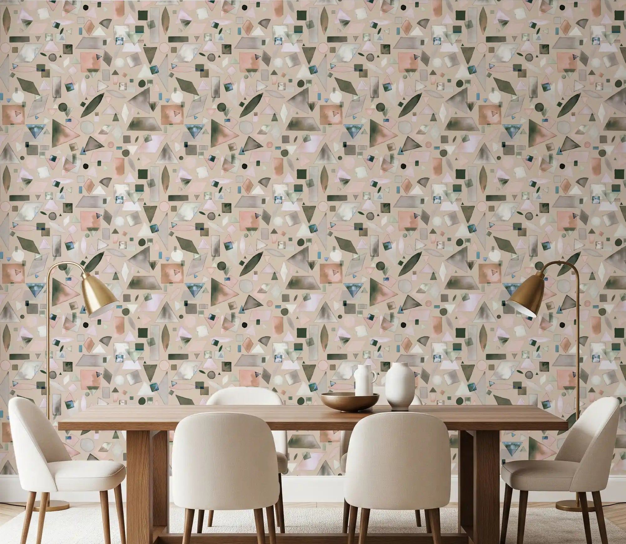 Beige grey and pink geometric pattern wallpaper in a modern dining room., GD10616