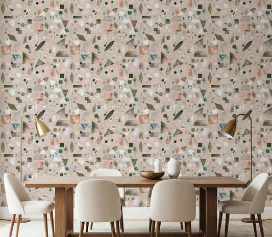 Beige grey and pink geometric pattern wallpaper in a modern dining room.
