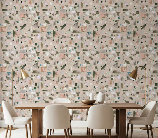 Beige grey and pink geometric pattern wallpaper in a modern dining room., GD10616
