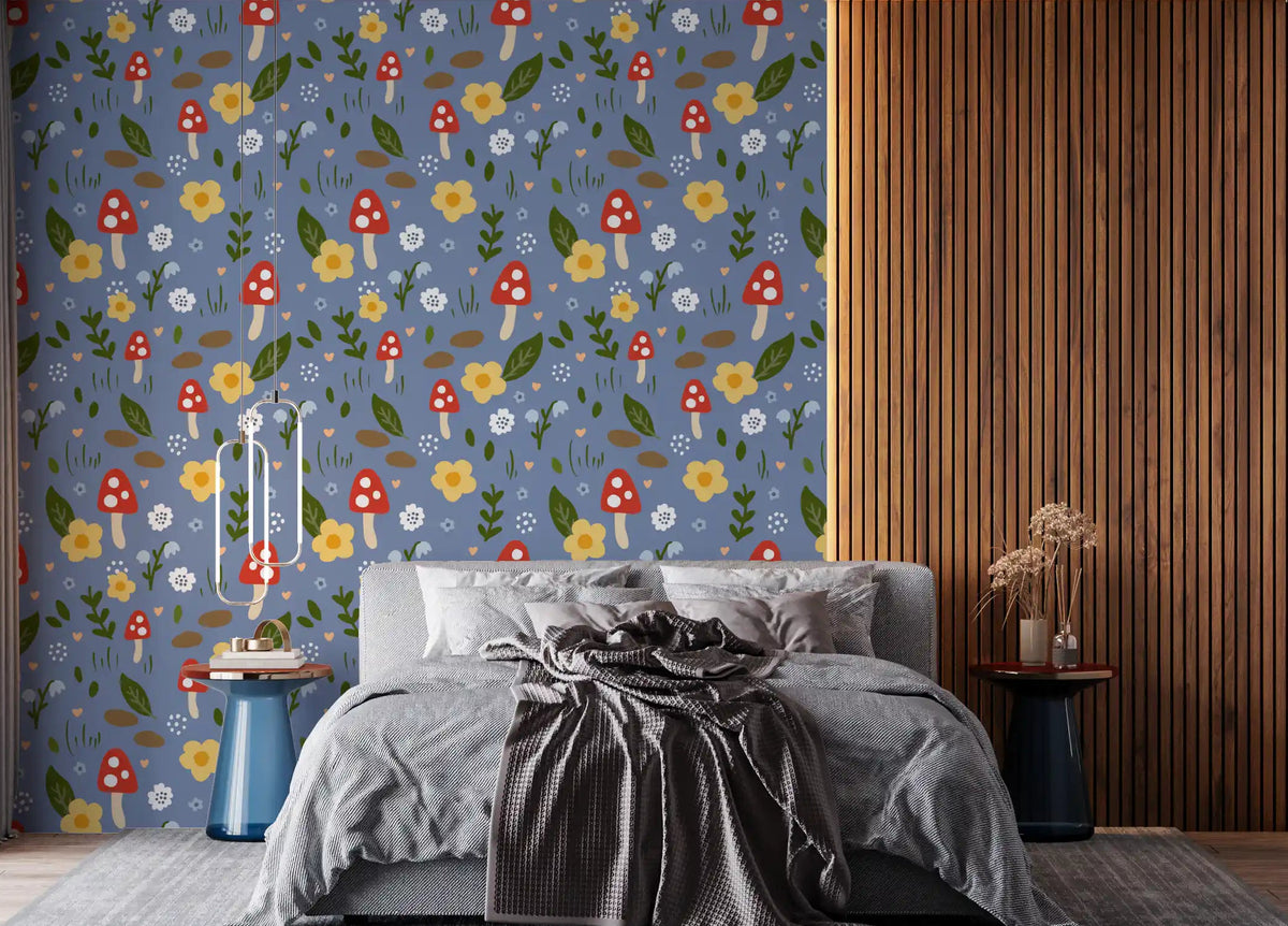 Blue woodland pattern wallpaper displayed in a bright bedroom., GD10617