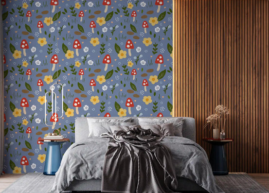 Blue woodland pattern wallpaper displayed in a bright bedroom., GD10617
