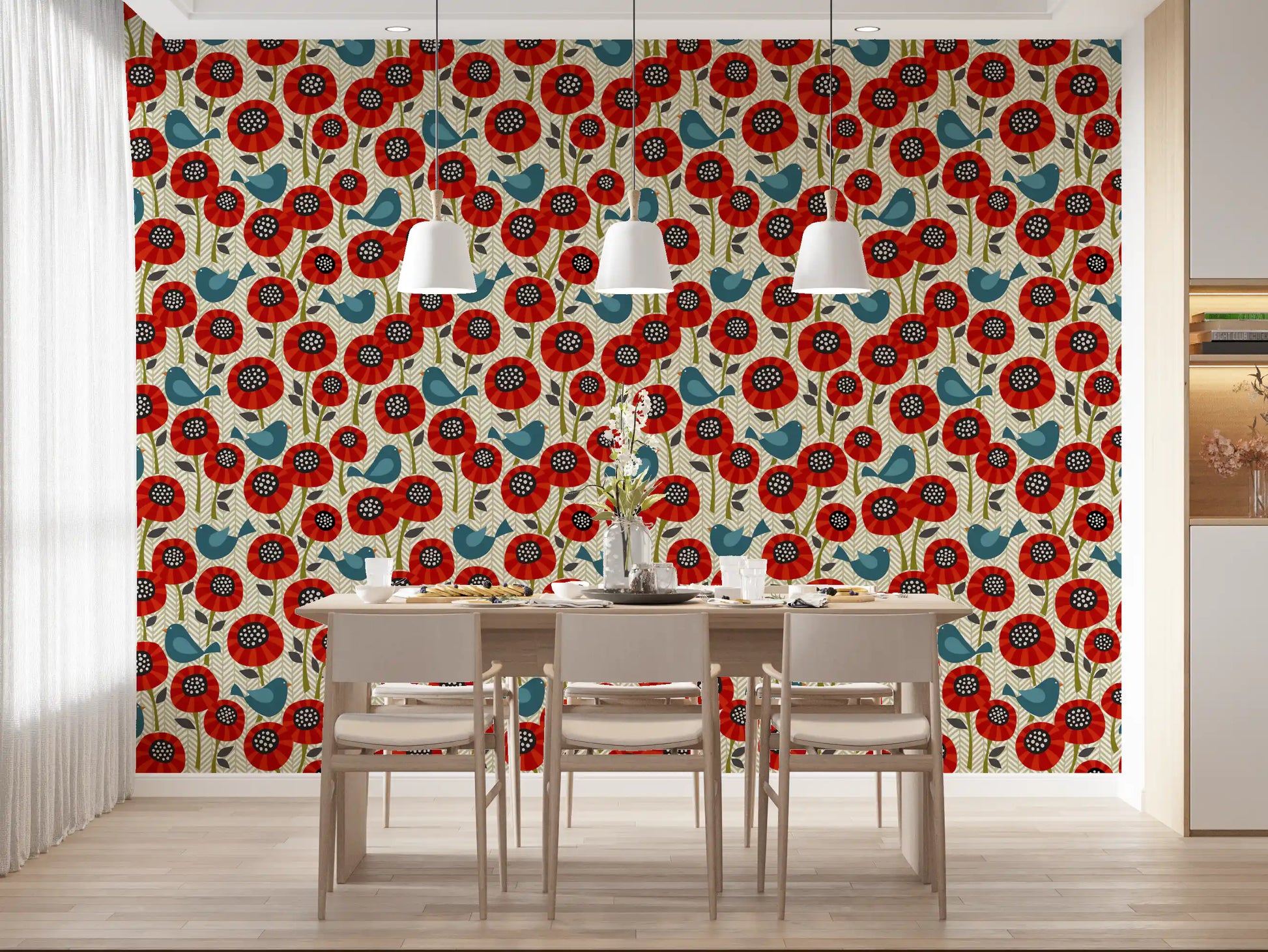 Poppies And Birds On Chevron Wallpaper⁠