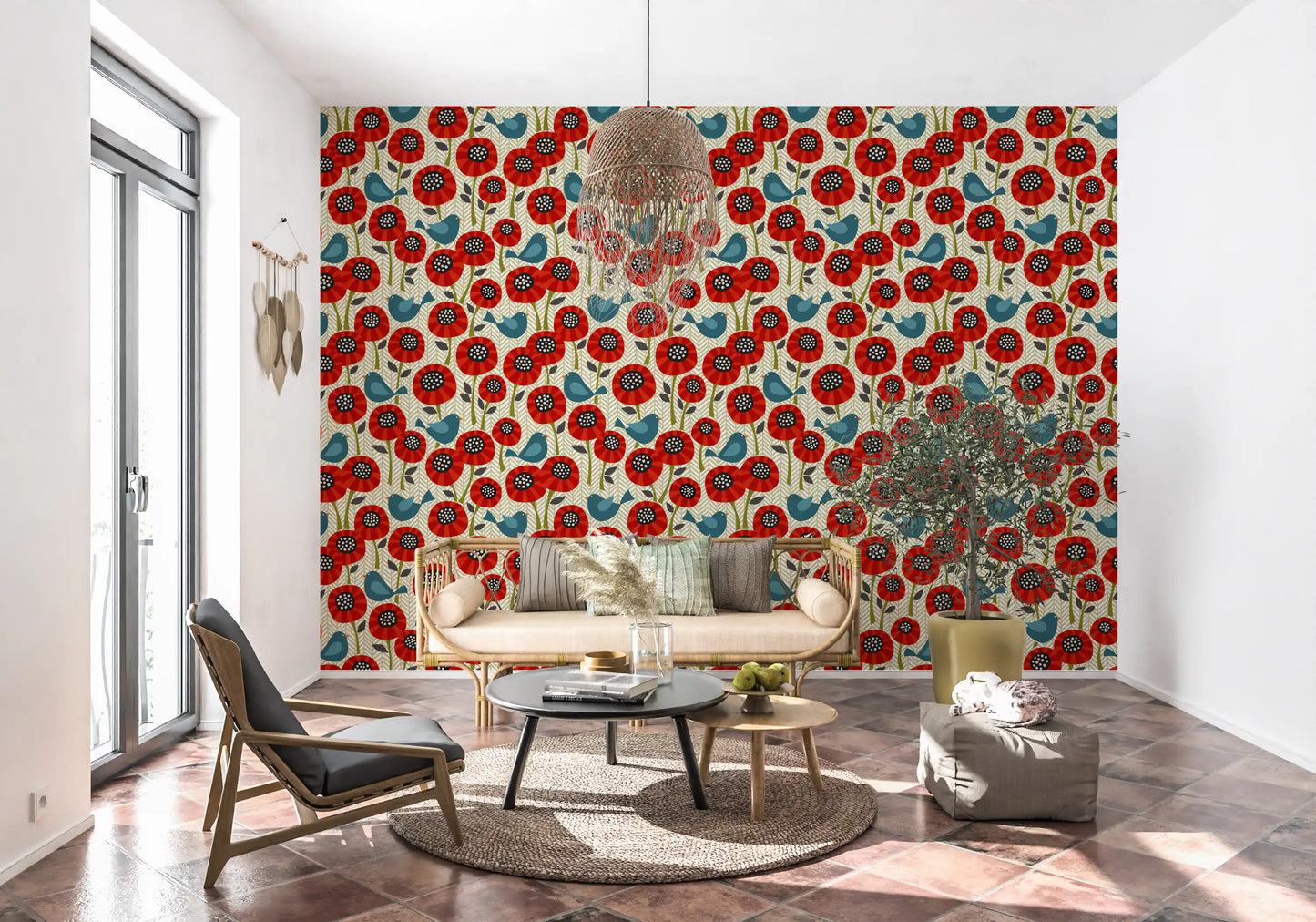 Poppies And Birds On Chevron Wallpaper⁠