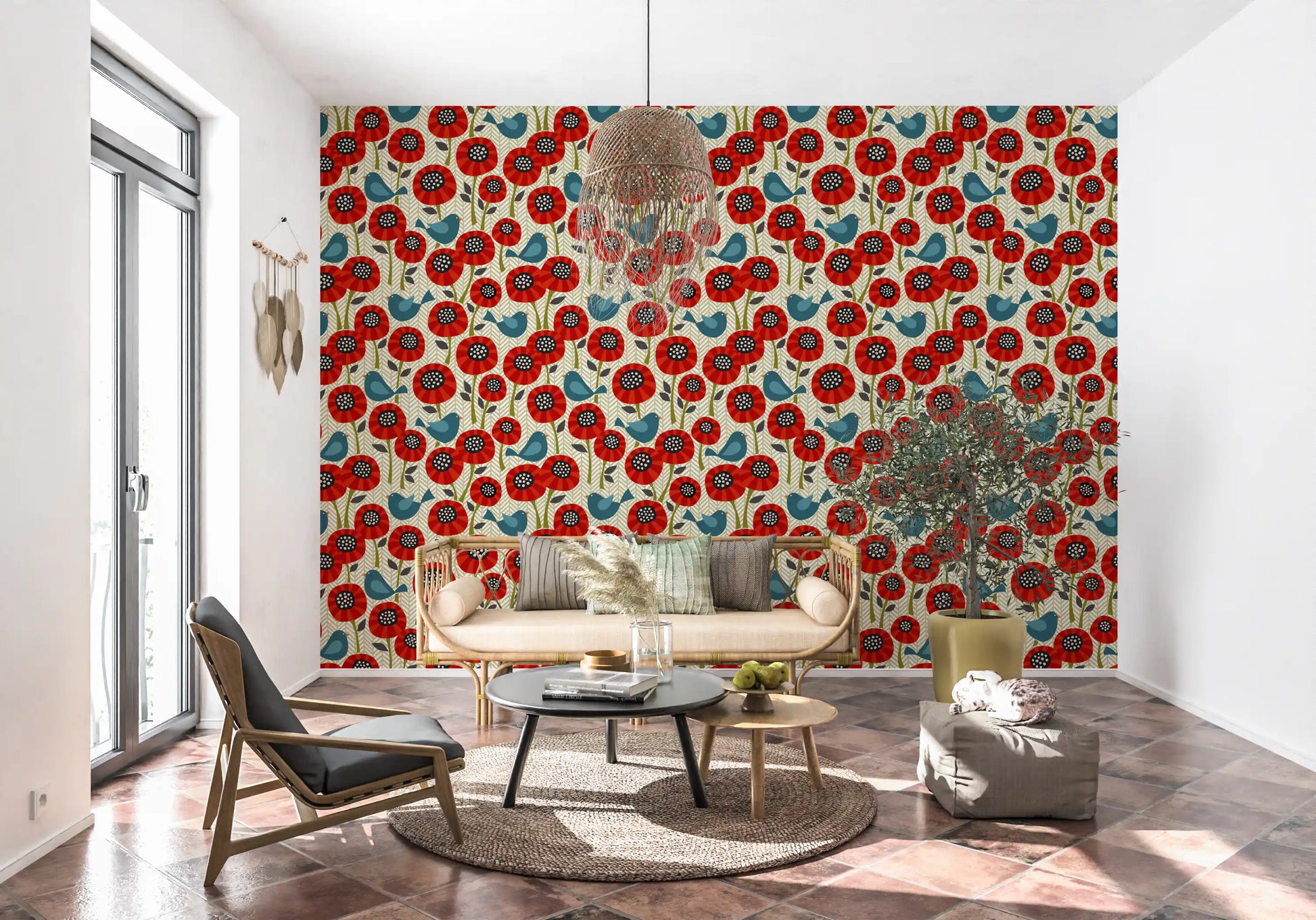 Poppies And Birds On Chevron Wallpaper⁠