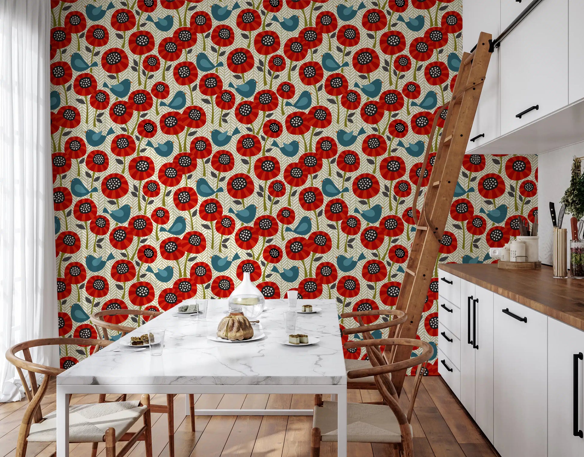 Poppies And Birds On Chevron Wallpaper⁠