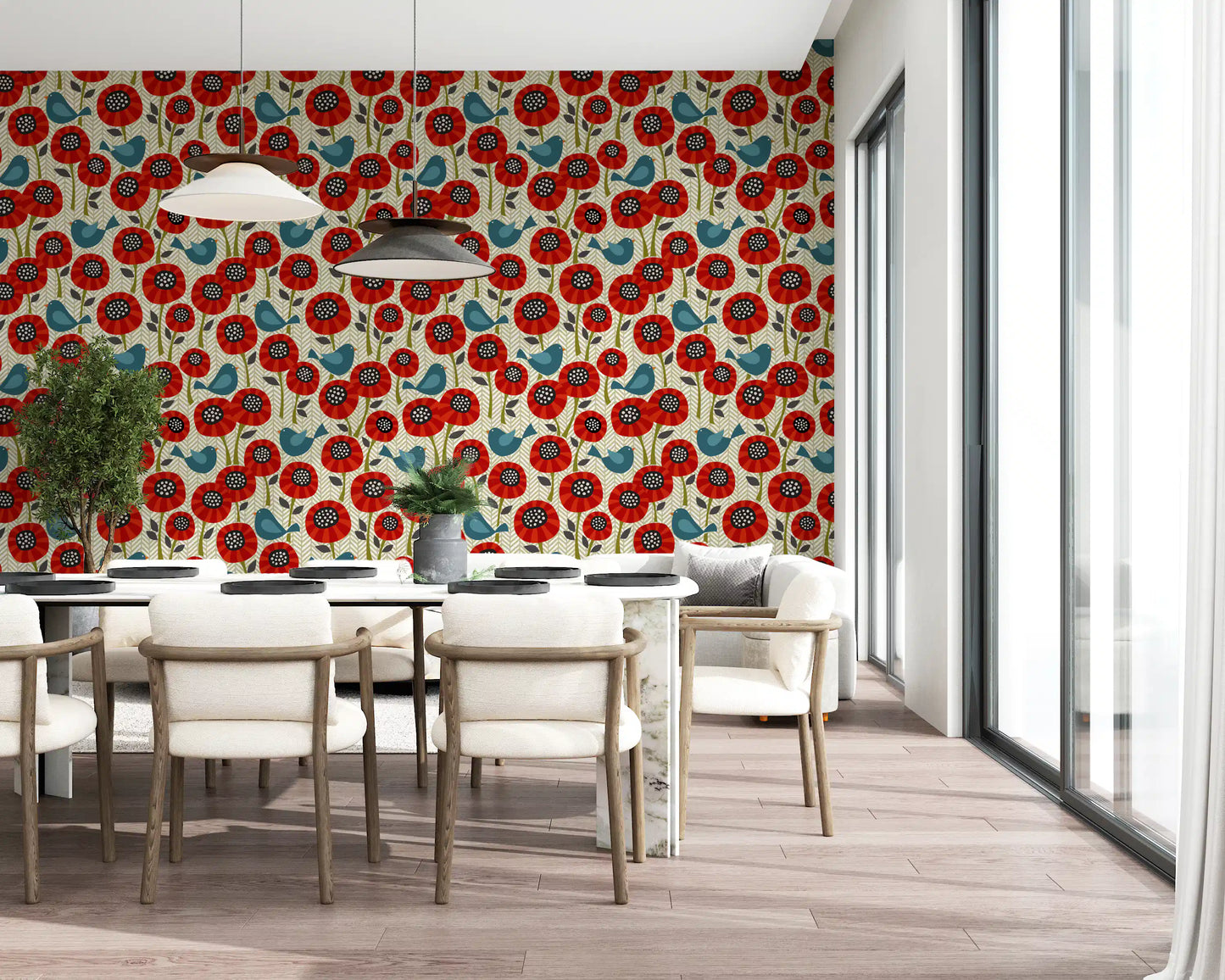 Poppies And Birds On Chevron Wallpaper⁠