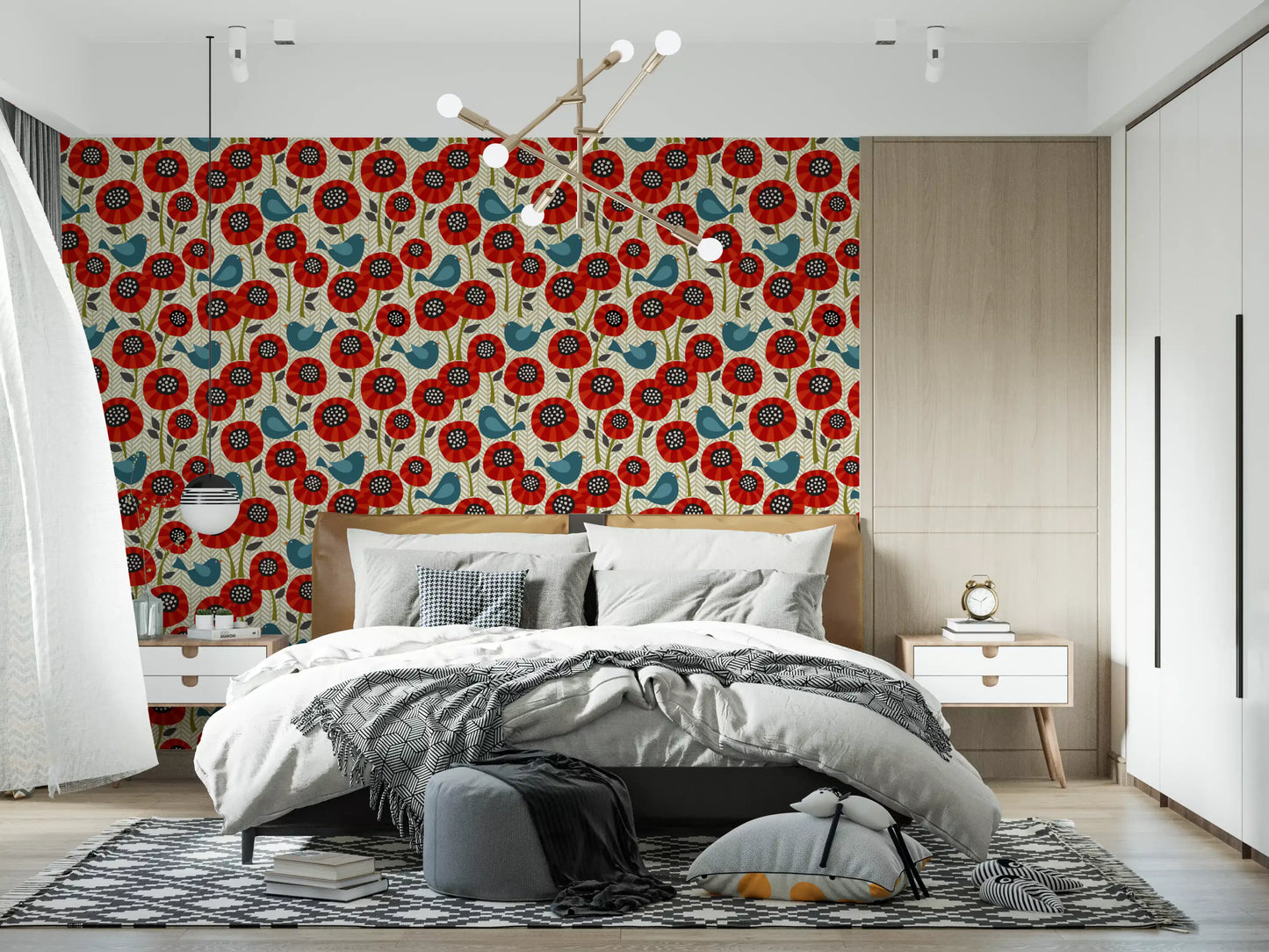 Poppies And Birds On Chevron Wallpaper⁠