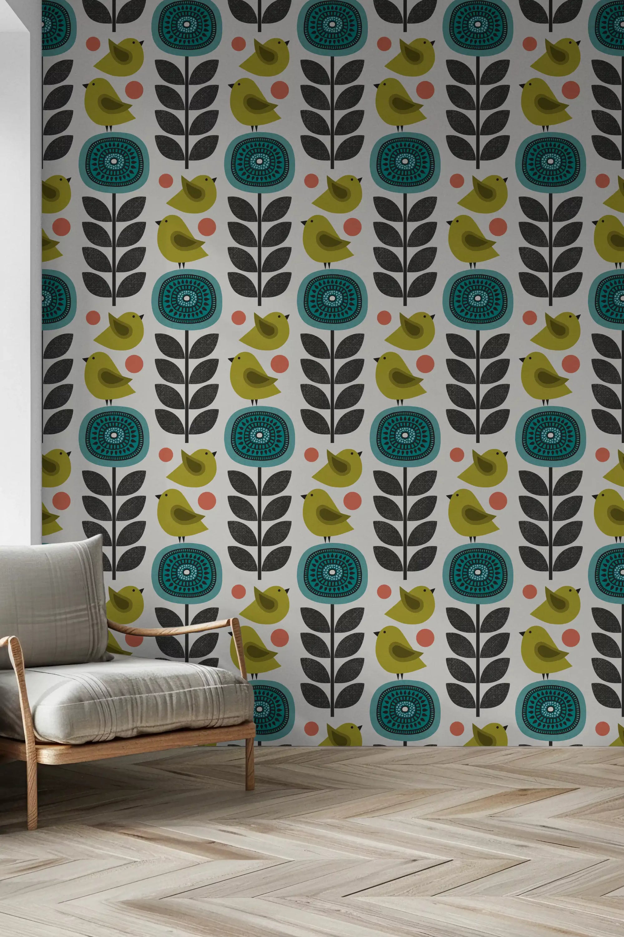 Retro flower and bird wallpaper displayed in a hallway with mid century pattern., GD10620