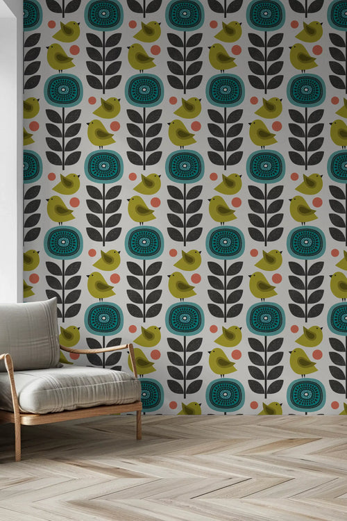 Retro flower and bird wallpaper displayed in a hallway with mid century pattern.