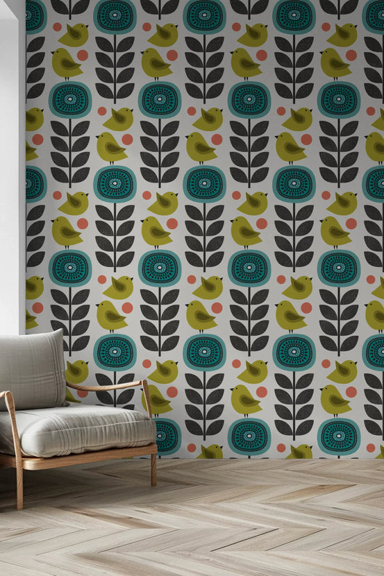 Retro flower and bird wallpaper displayed in a hallway with mid century pattern., GD10620