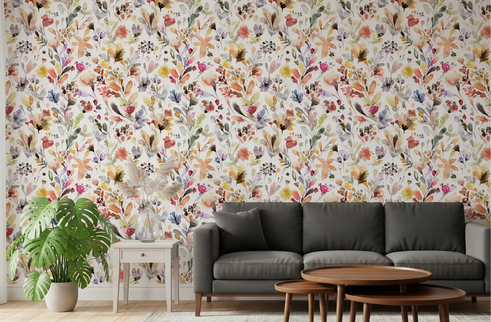 Watercolour wildflower meadow wallpaper in a warm toned living room., GD10621