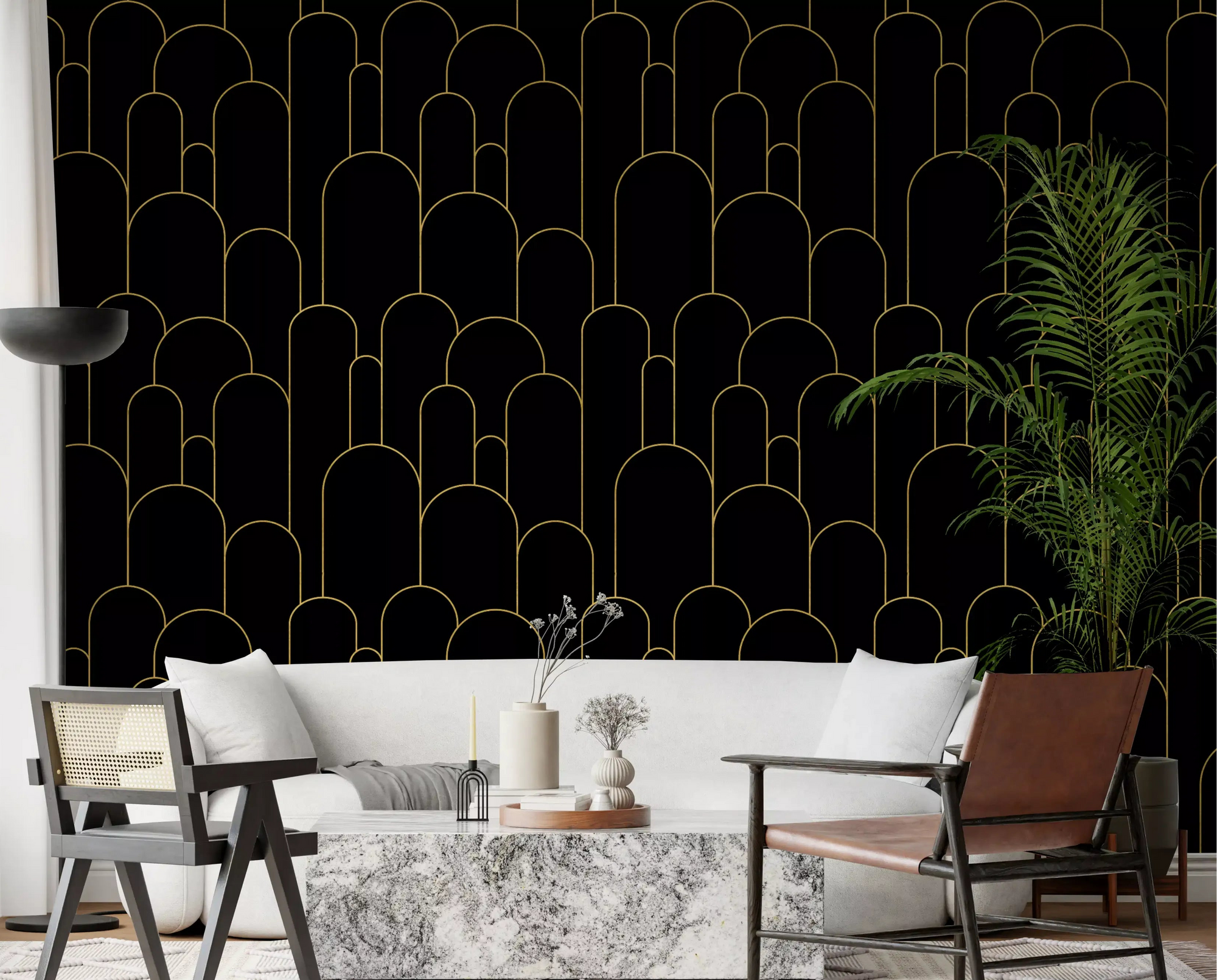 Art deco black gold arches wallpaper in a living room setting., GD10623