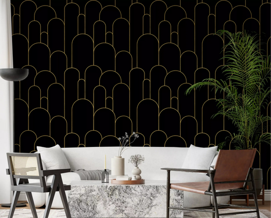 Art deco black gold arches wallpaper in a living room setting.
