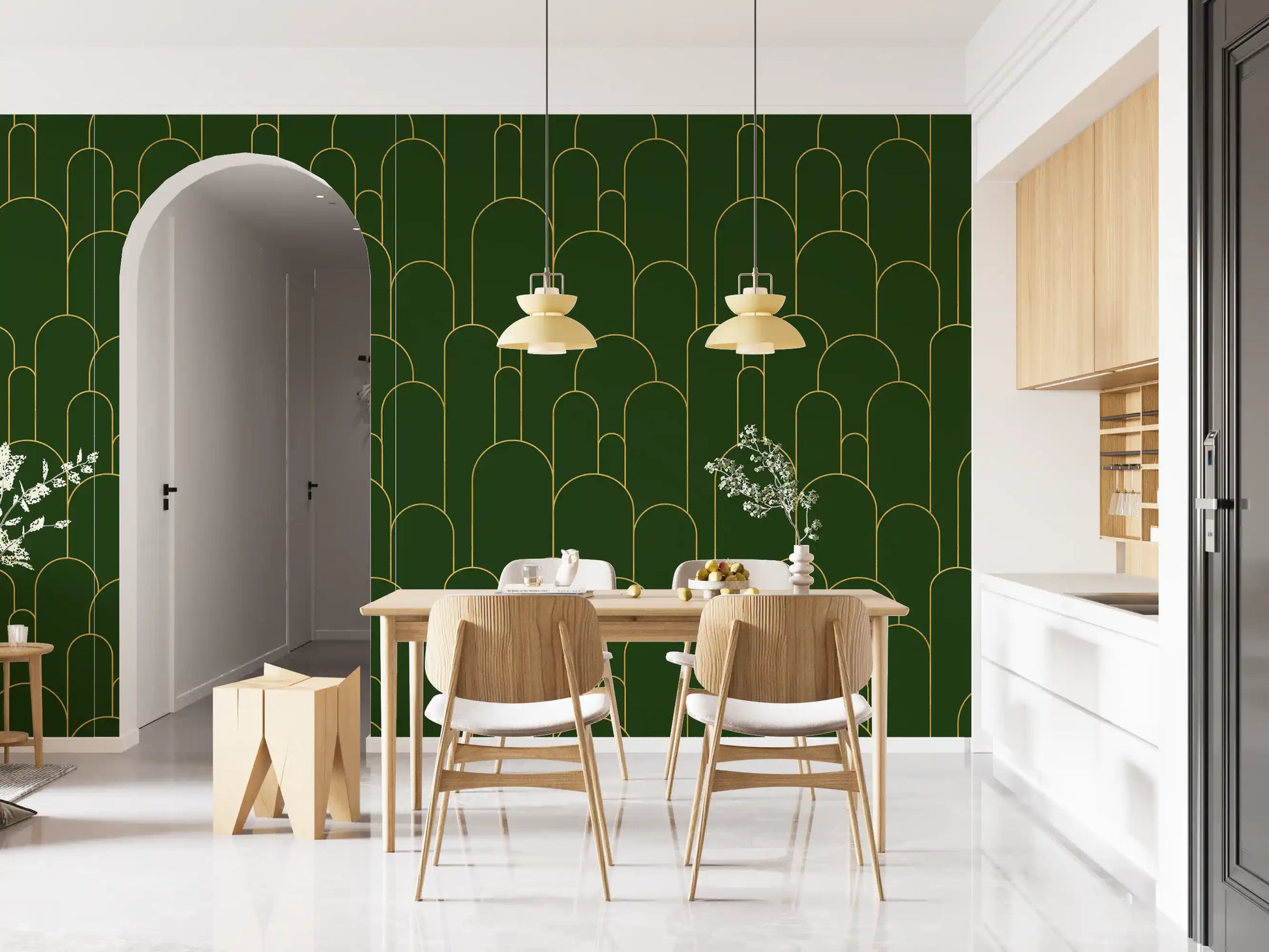 Emerald and Gold Art Deco Arches Wallpaper⁠