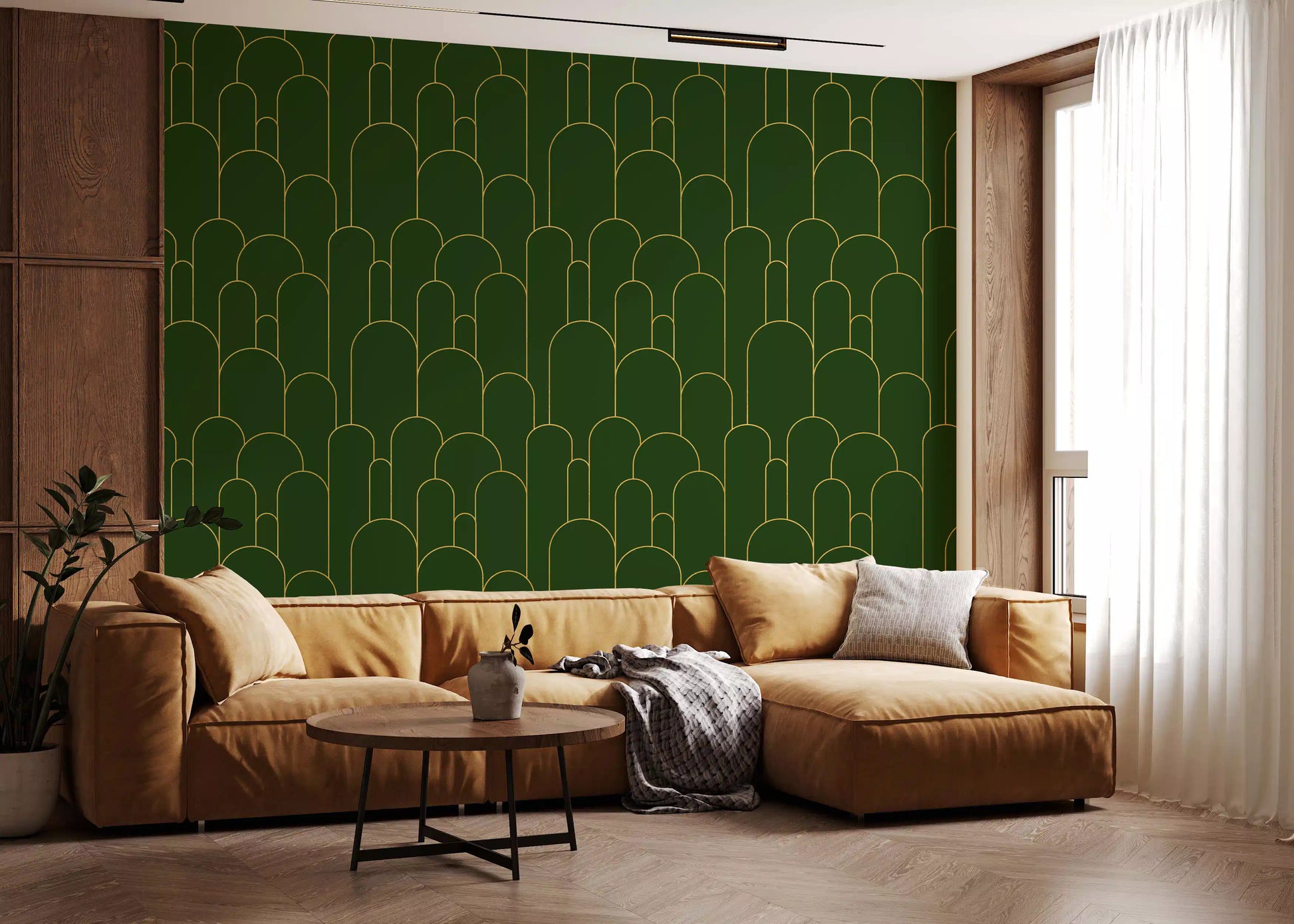 Emerald and Gold Art Deco Arches Wallpaper⁠