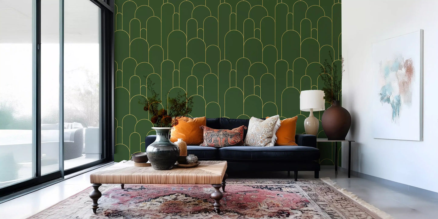Emerald and Gold Art Deco Arches Wallpaper⁠