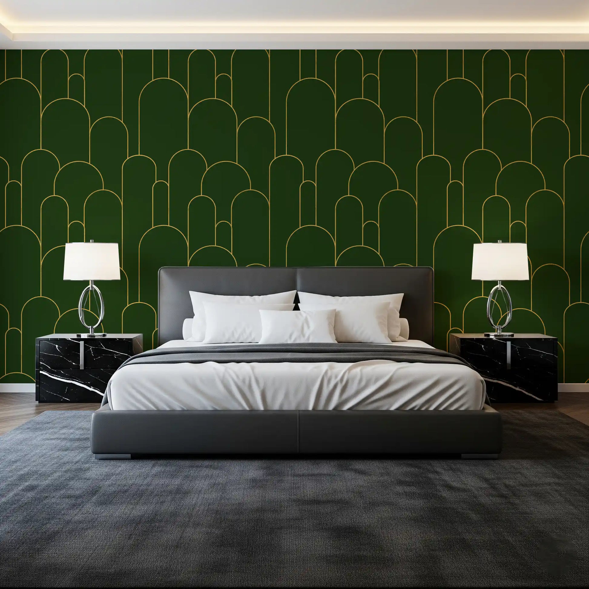 Emerald and Gold Art Deco Arches Wallpaper⁠