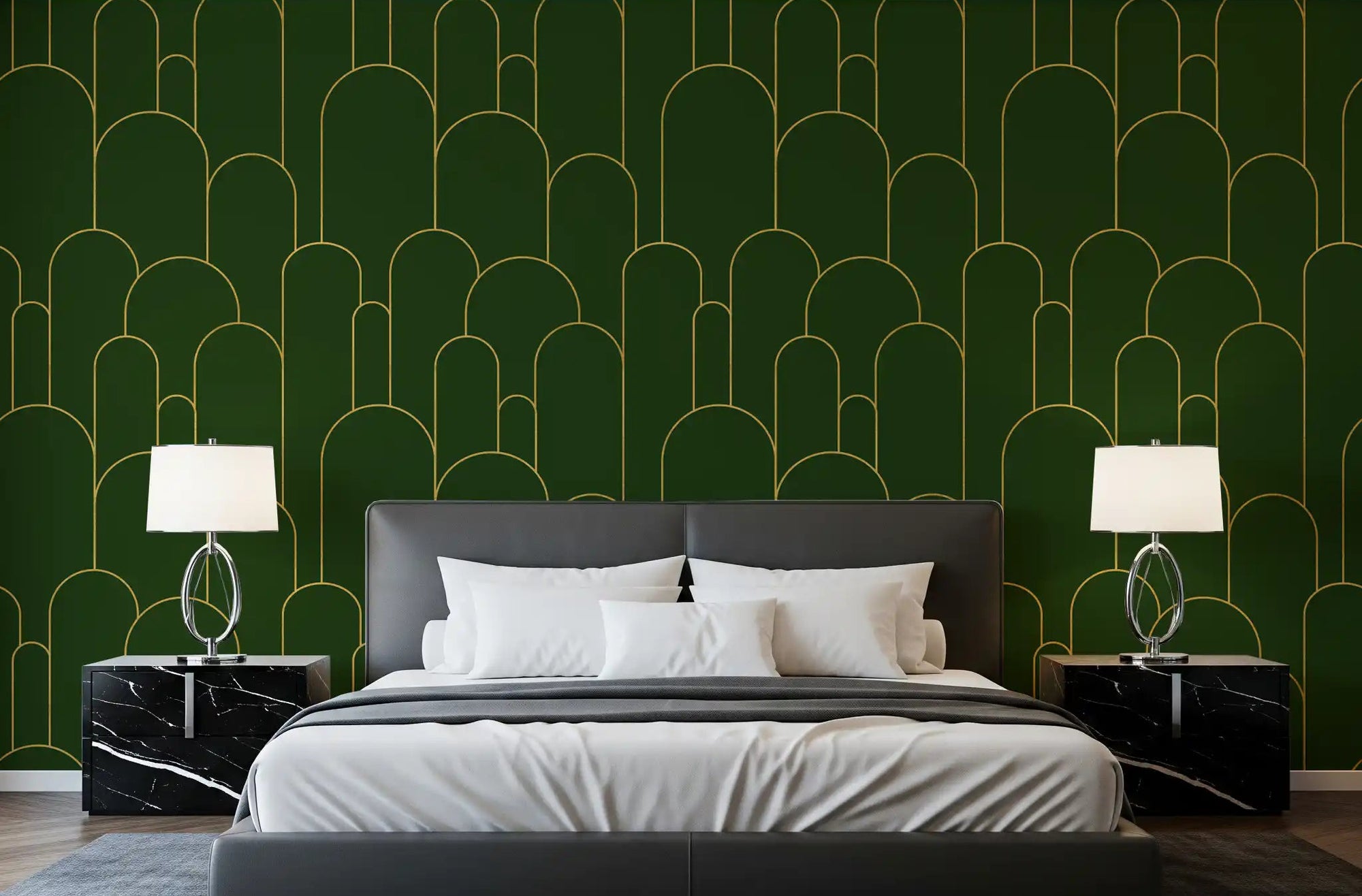 Emerald and gold art deco arches wallpaper in a bedroom setting., GD10624