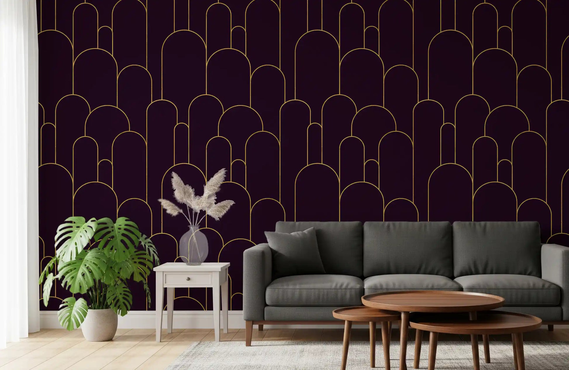 Retro Glamour Plum Noir Arches Wallpaper⁠