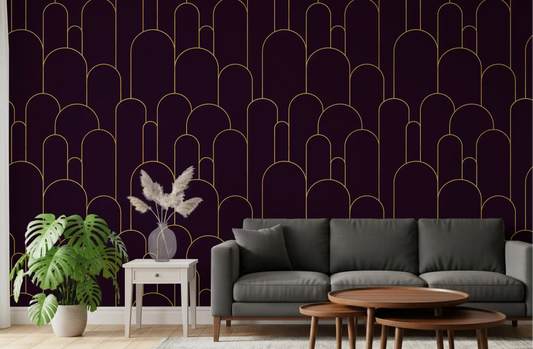 Retro glamour plum noir arches wallpaper in a living room setting.