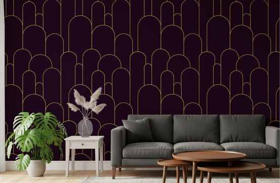 Retro glamour plum noir arches wallpaper in a living room setting., GD10625