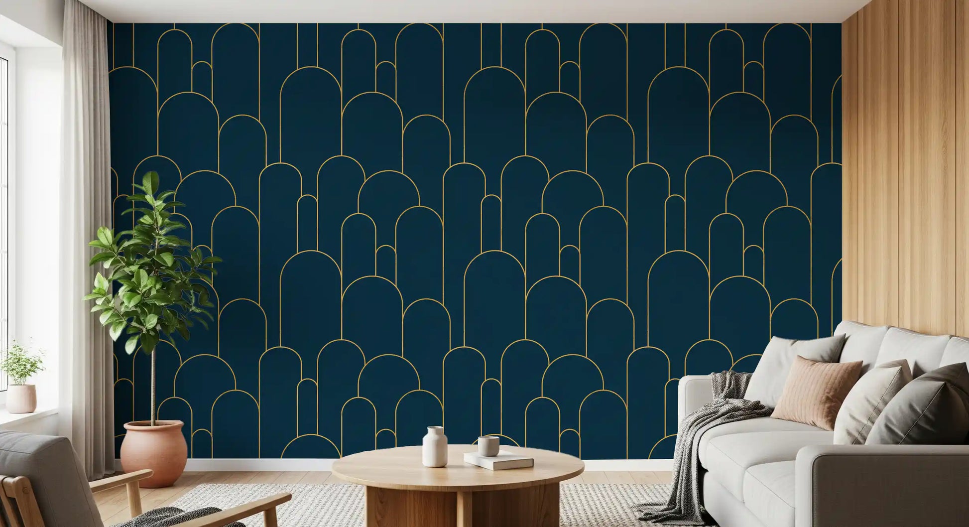 Elegant Navy and Gold Art Deco Wallpaper⁠