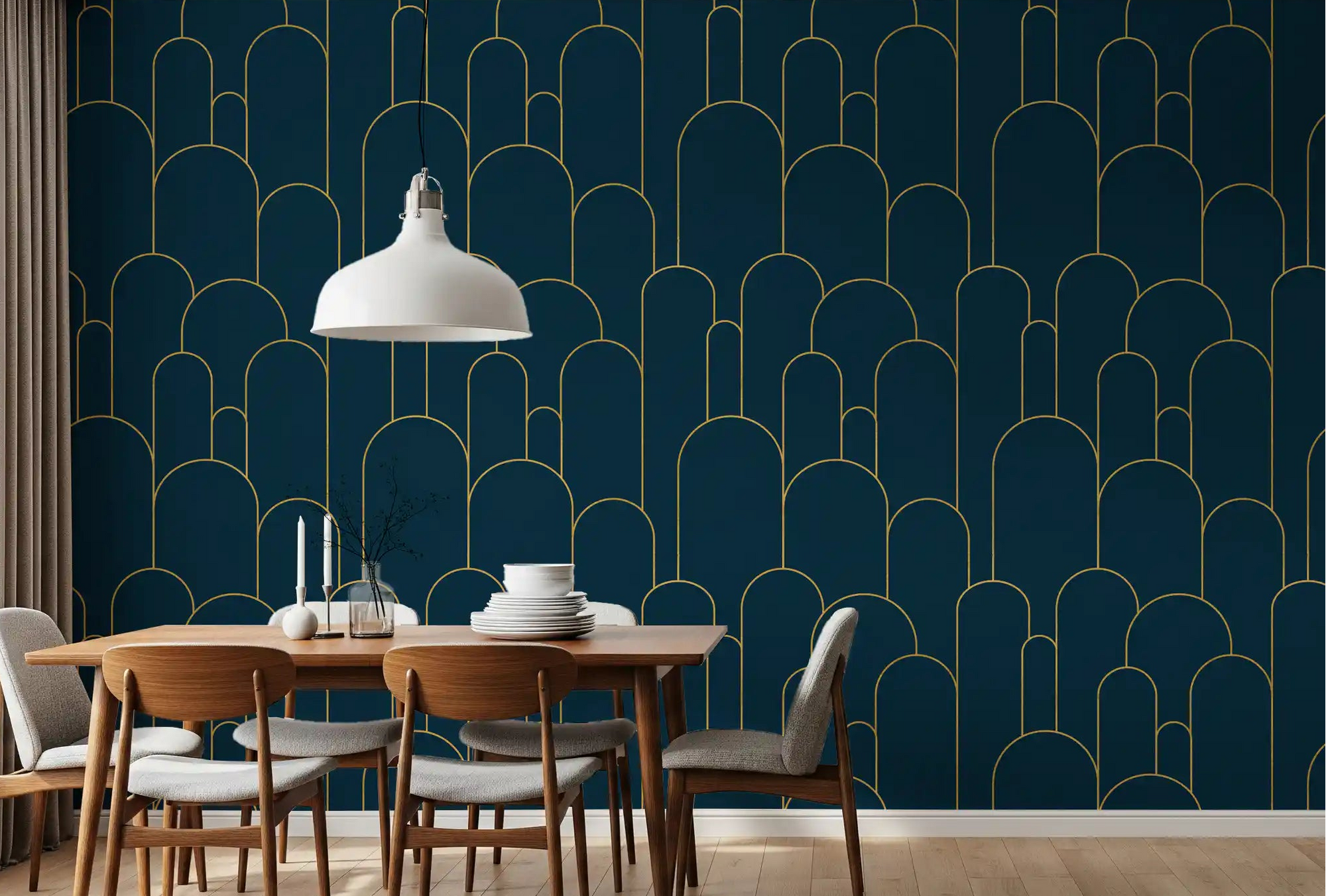 Elegant navy and gold art deco wallpaper in a dining room setting., GD10626