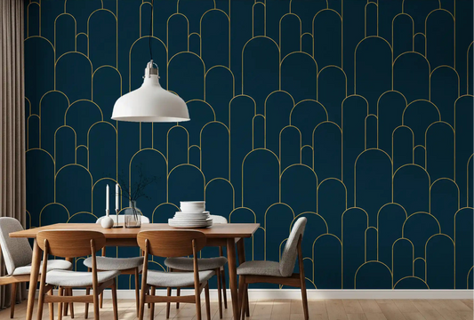 Elegant navy and gold art deco wallpaper in a dining room setting.