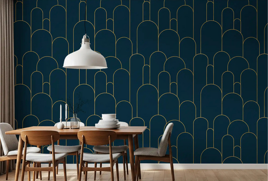 Elegant navy and gold art deco wallpaper in a dining room setting., GD10626
