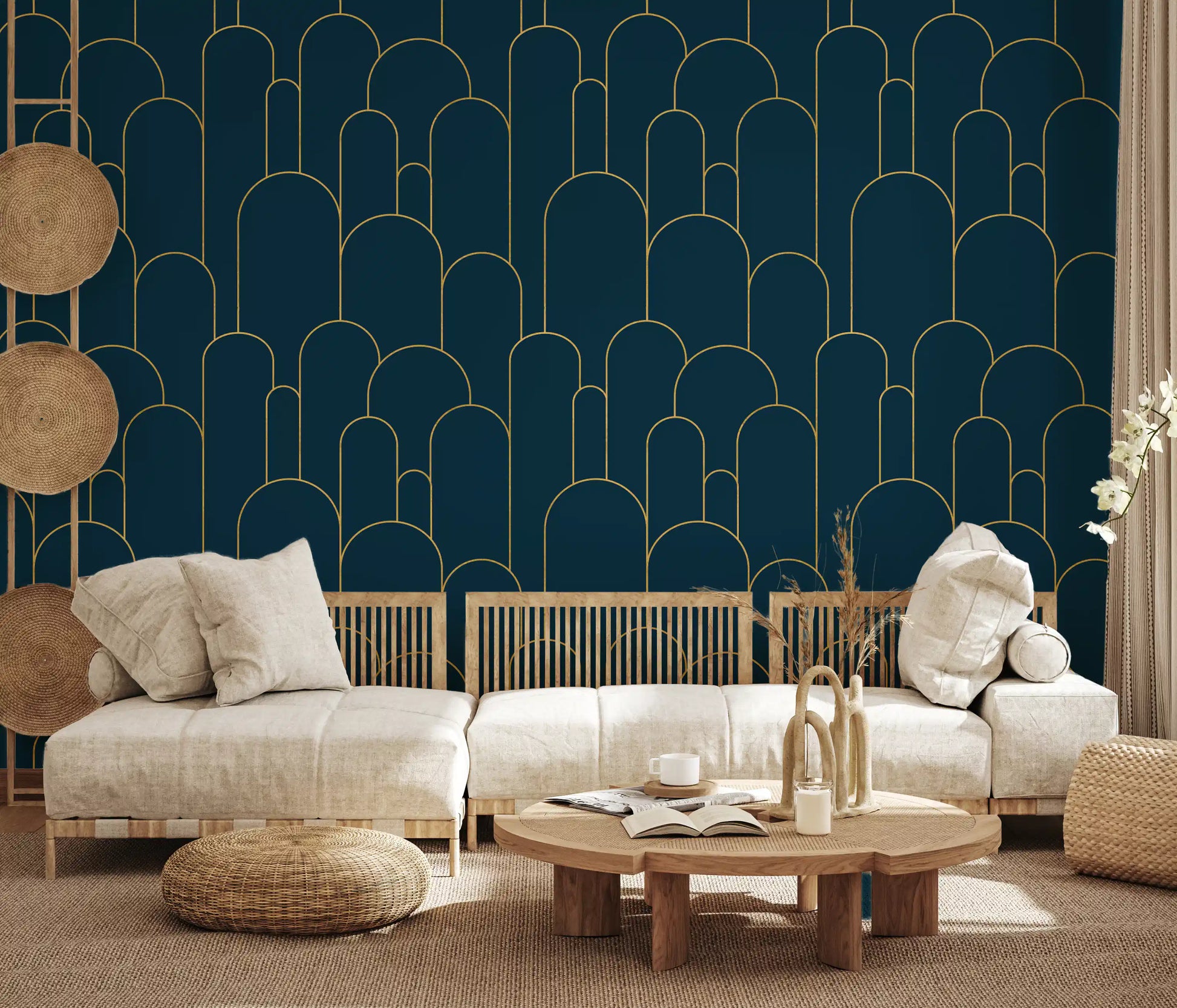 Elegant Navy and Gold Art Deco Wallpaper⁠