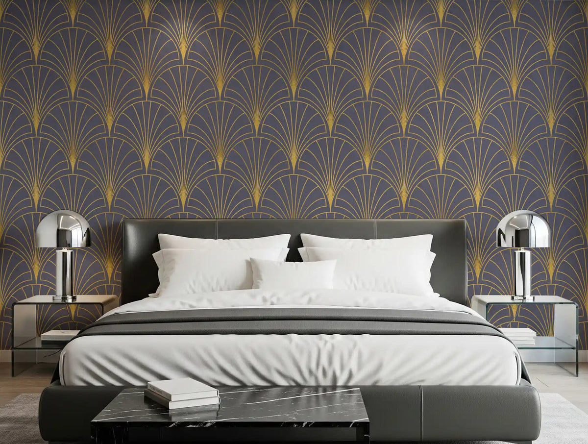 Regal gatsby mauve and gold wallpaper in a bedroom setting., GD10627