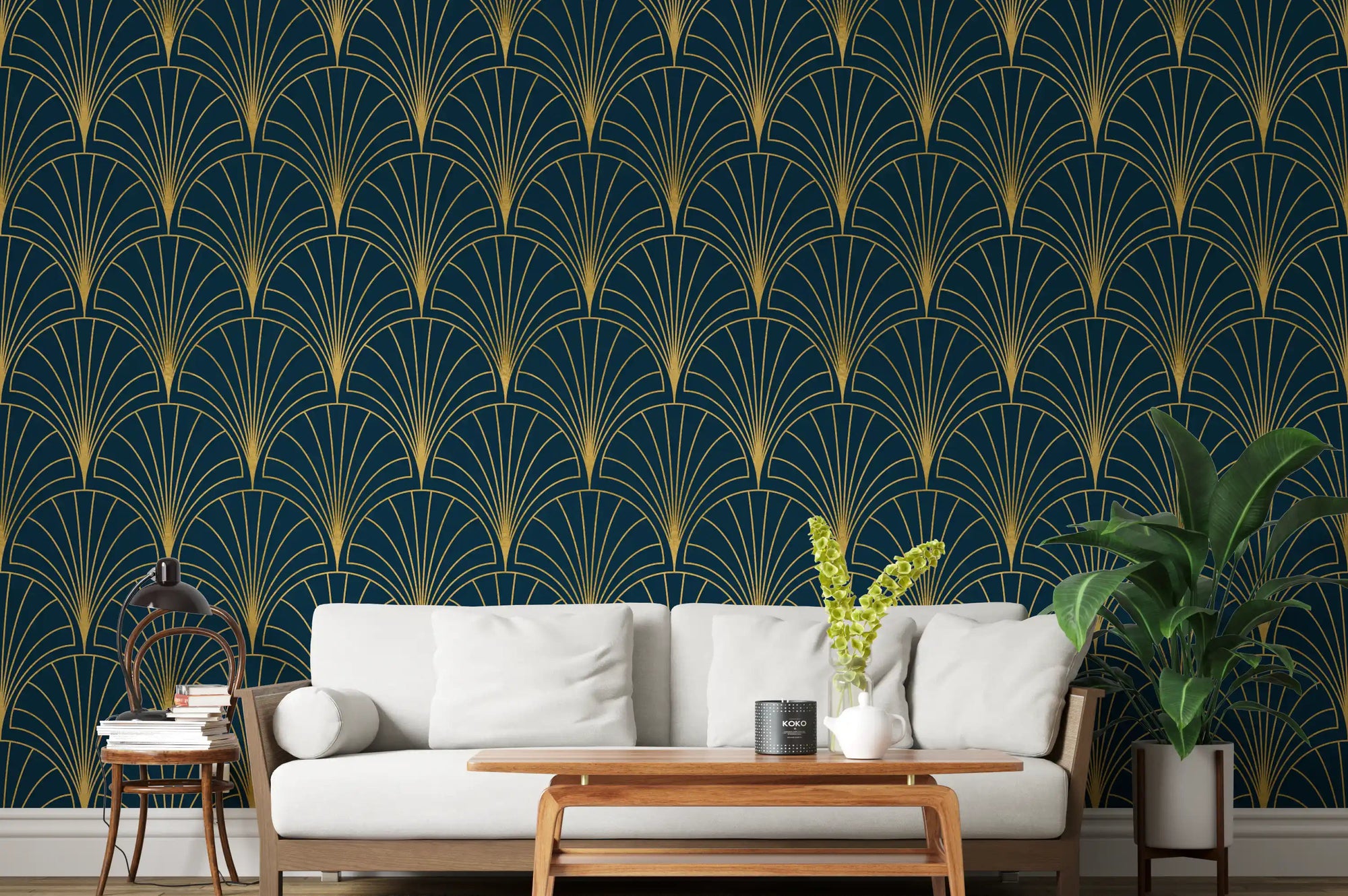 Regal gatsby deep turquoise and gold wallpaper in a living room setting., GD10628