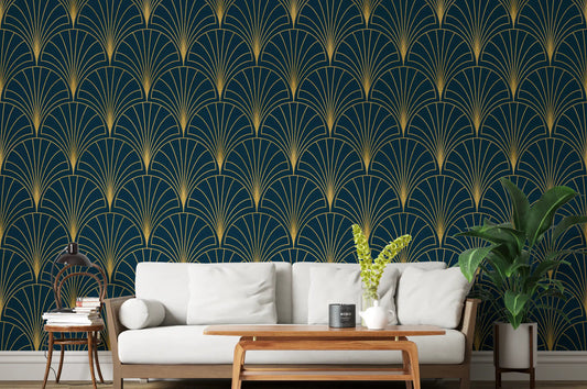 Regal gatsby deep turquoise and gold wallpaper in a living room setting.